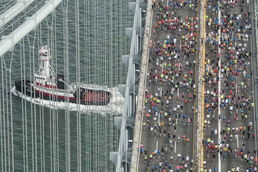 An aerial shot taken on Sunday, November 3, 2013, when the Verrazano-Narrows Bridge hosted the first mile of the New York City Marathon. This year's race in the same location was cancelled, suffering the same fate as many others due to the ongoing impacts of COVID-19.