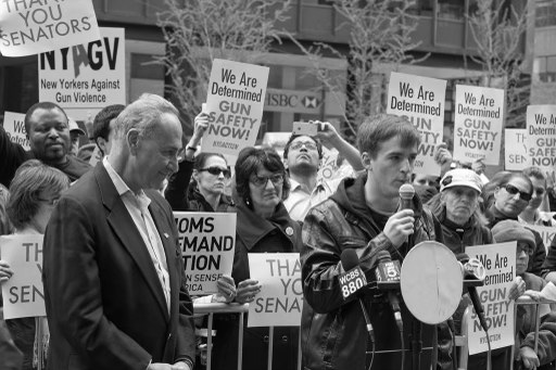 Steve Barton gives a speech at the New York Gun Safety Rally. Barton survived the theatre shooting in Aurora, Colorado.