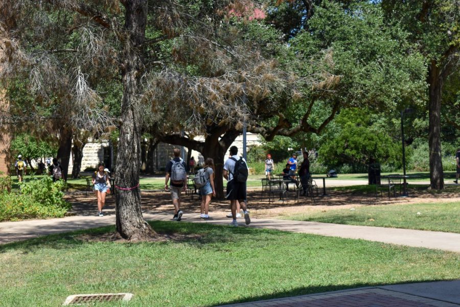 After two and a half semesters of online classes, students walk on-campus at St. Edwards University to their in-person classes. Even though classes are back in session, guidelines including mandatory masks are required to be worn while on-campus.