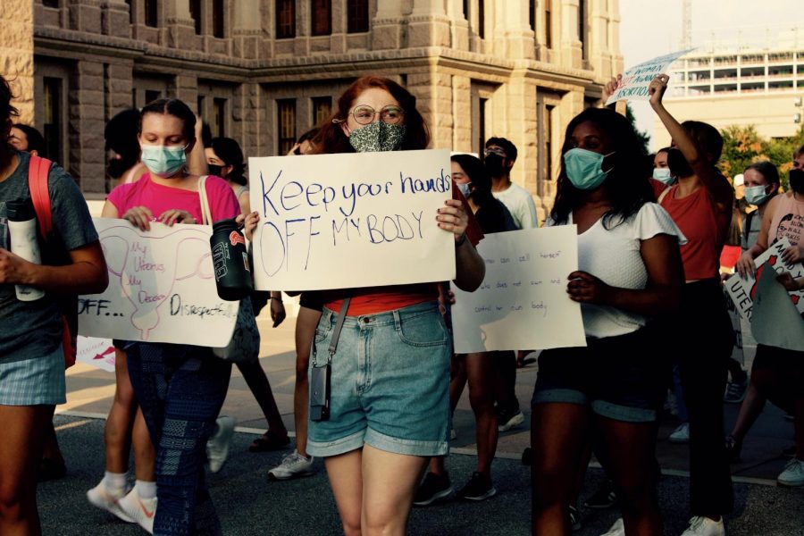 People protesting at The Capitol in Austin, TX over the new SB8 law criminalizing abortion after 6 weeks of pregnancy, or the detection of a heartbeat. 