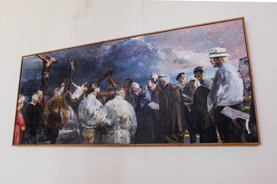 Painting of the sacrifice of Christ in front of modern witnesses leaves some of the Brothers art up to interpretation in some ways. Perhaps this is to be a reminder to the sacrifice Jesus made for his followers.