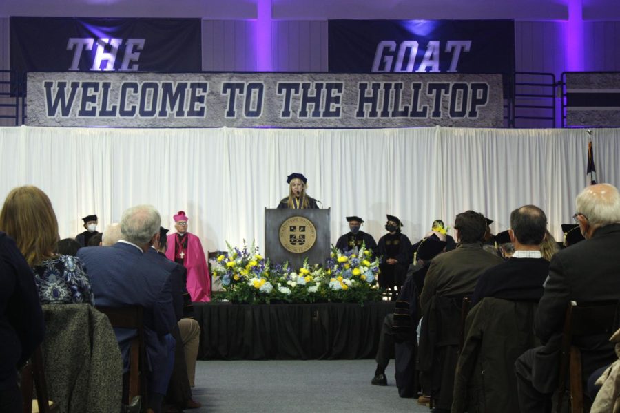 President Fuentes stands before the crowd during her presidential address. Fuentes is making history by becoming the first Hispanic president at St. Edward's University. 