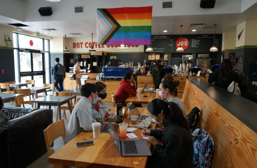 Students gather at Jos Cafe with the return of indoor seating. Although tables and chairs have been brought back, limited hours remain the same.