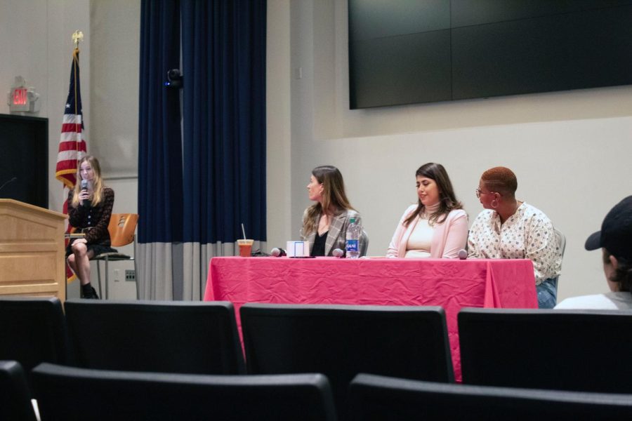 During a panel on Wednesday, March 9, (left to right) Alison Mohr Boleware from the National Association of Social Workers, Austin City Councilwoman Vanessa Fuentes and IGNITE National’s Southeast Program Director Cydnei Drake answer panel questions as well as student questions from the audience.