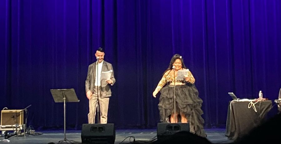 Cecil Baldwin (left) and Symphony Sanders (right) at the Paramount Theatre Tuesday night. Baldwin performed as his character Cecil from "Welcome to Night Vale" and Sanders as Tamika. 
