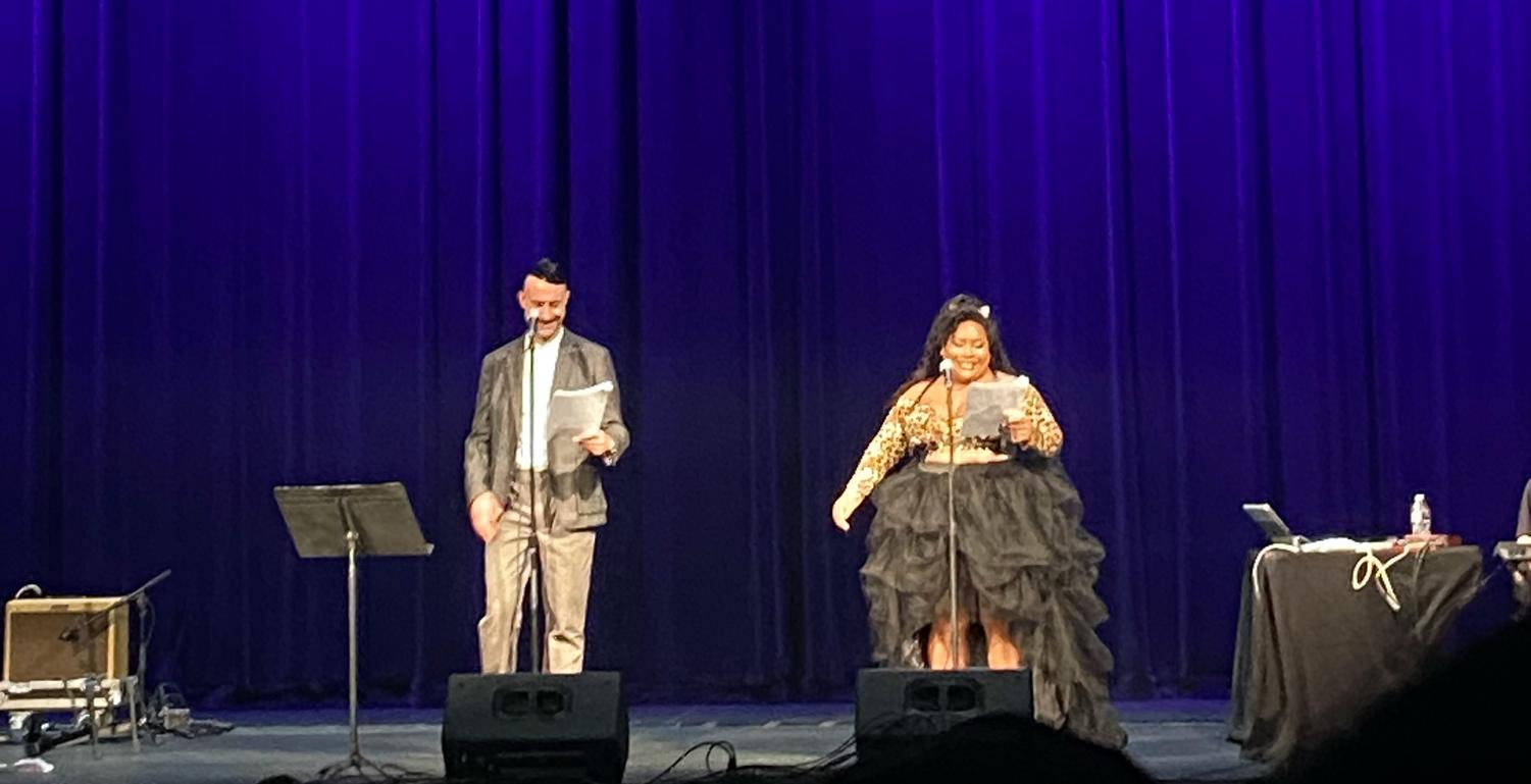 Cecil Baldwin (left) and Symphony Sanders (right) at the Paramount Theatre Tuesday night. Baldwin performed as his character Cecil from Welcome to Night Vale and Sanders as Tamika. 