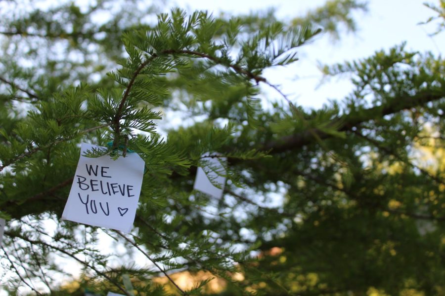 Halfway+through+the+march%2C+students+had+the+opportunity+to+show+their+support+by+writing+messages+of+empowerment+to+survivors.+The+notes+were+hung+in+a+tree+outside+of+Trustee+Hall+as+a+visible+sign+of+solidarity.