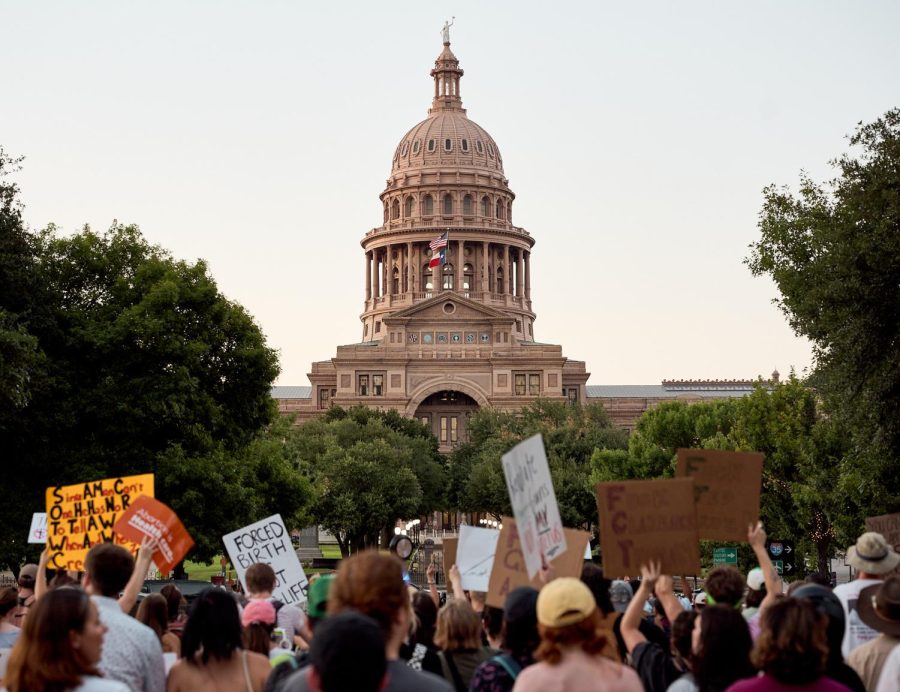 People gathered in front of the capitol on June 25, 2022 to participate in the Texas Rise Up for Abortion Rights'  “Everything, but the Kitchen Sink” protest shortly after the Supreme Court overturned Roe v. Wade.