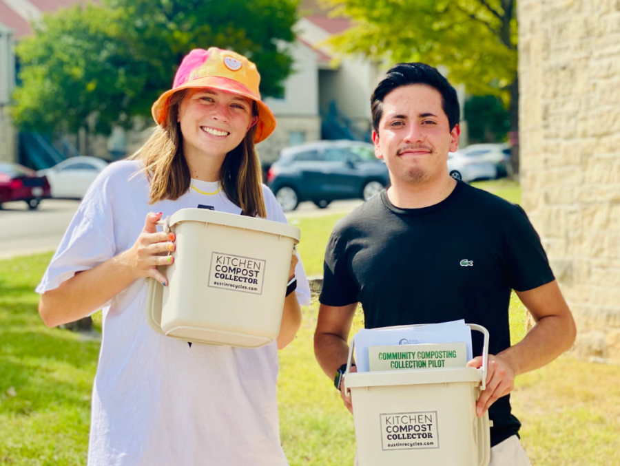 Former+SFS+member+Faith+Golz%28left%29+and+Tobias+%28right%29+handing+out+compost+bins+to+students.+