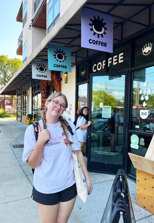 Isis Debrock (left) and Xochitl Lara (right) walking into Dear Diary Coffee. 