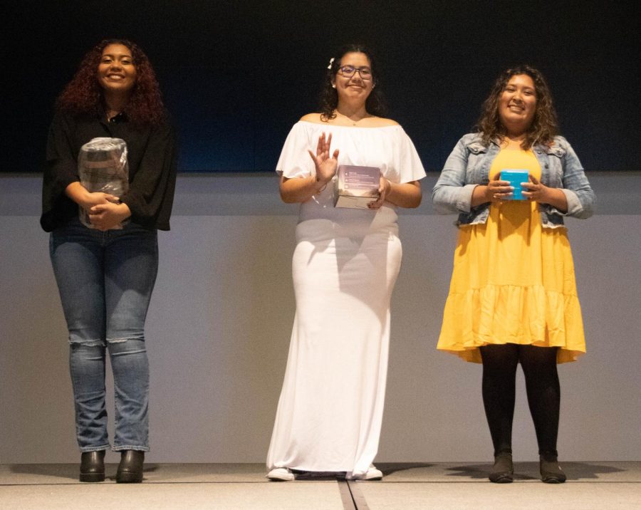Talent show contestants: Celia Corujo Gomez (middle), Jazmine Collins (left) and Ashley Rose Walters (right) line up for a photo with prizes in hand.