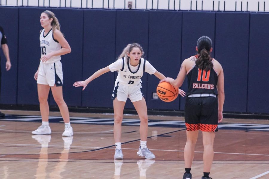 Ronnie Cantu guards UT-Permian Basin point guard Avalon Munos on Thursday night at the Recreation and Athletic Center.