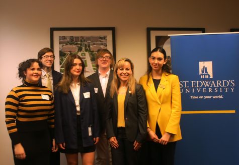 Members of St. Edwards Student Government Association, like President Ella Ochoa (right), stand with university President Montserrat Fuentes at a next-day breakfast celebration. 