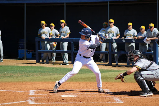 St. Edward’s third baseman Trevor Sebek awaits a pitch from Cameron University on Mar 3, 2023.