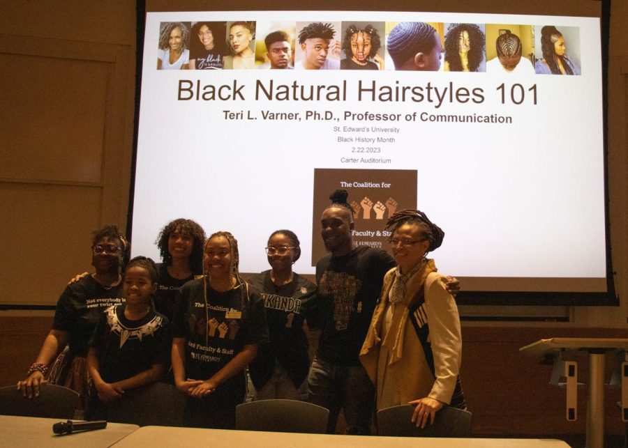 Dr.+Teri+Varner+and+panelist+members+gathered+together+to+discuss+black+hair+and+cultural+appropriation.