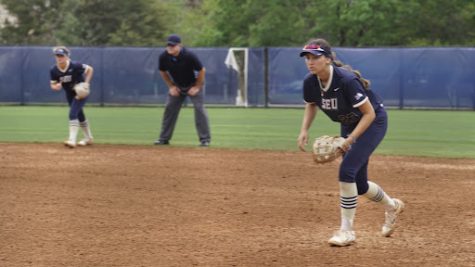Ella Hutzler prepares for a pitch during a game vs. Texas A&M International on March 22.