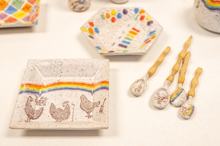 A close look at the detailed pieces Harvey created with the addition of rainbow patterns.