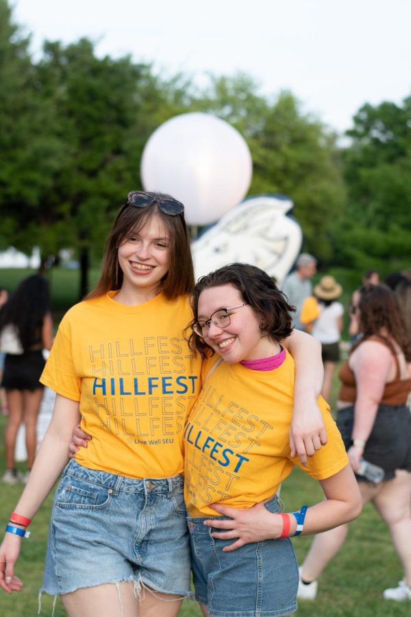 Hilltop Views editors Chloe Almendarez and Claire Lawrence posing in their brand new Hillfest t-shirts. Shirts were being handed out for free at the back of the event, first come, first served style. Though the table ran out quickly, many students were seen walking around the event sporting these shirts.