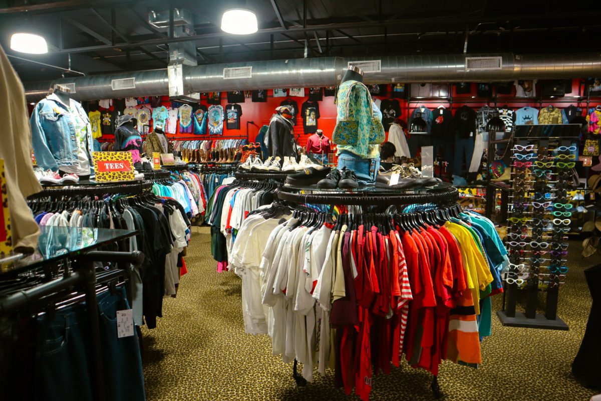 Carefully curated display racks await shoppers at Austins Leopard Lounge.
