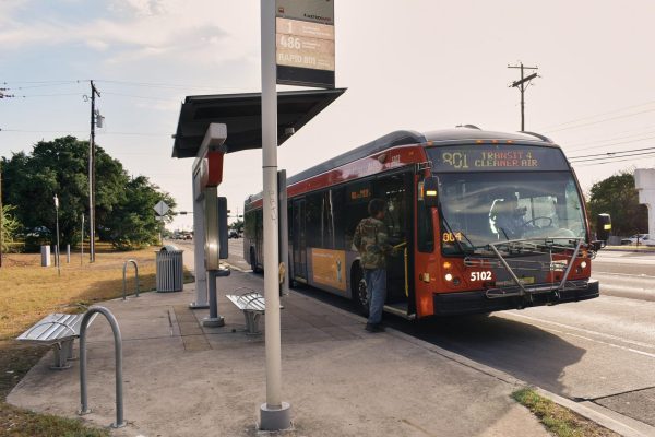 The "St. Edward's" CapMetro bus station off South Congress in front of campus.