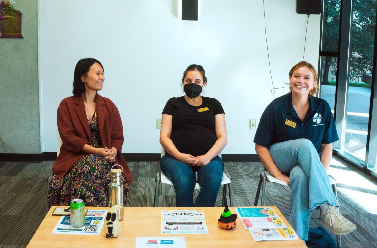 Director of Counseling Services Molly Wang (left), staff psychologist Andrea Cervantes (middle) and certified peer health educator Amaya Ruiz (right) joined together to answer questions about the stigmas and common misconceptions surrounding therapy. Ruiz was also involved in the organizing process and introduced the idea of an anonymous question QR for attendees. 