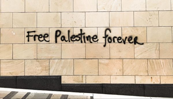 A steakhouse on the corner of 8th Street and Colorado Street in Downtown Austin was tagged in support of Palestine. The writing was quickly removed from the wall.