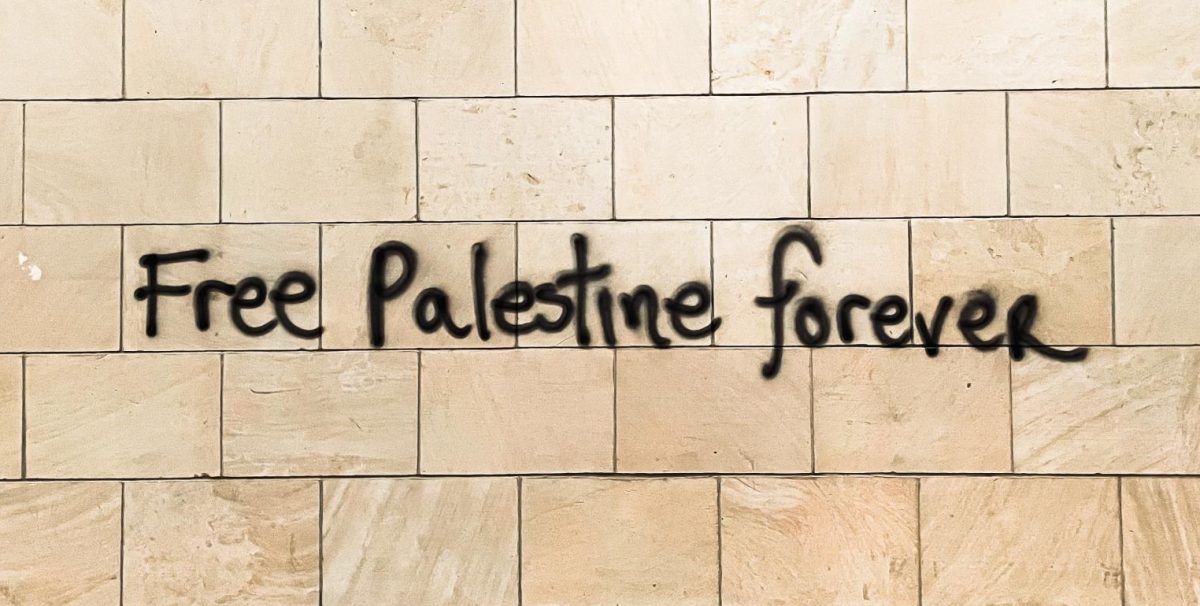 A steakhouse on the corner of 8th Street and Colorado Street in Downtown Austin was tagged in support of Palestine. The writing was quickly removed from the wall.