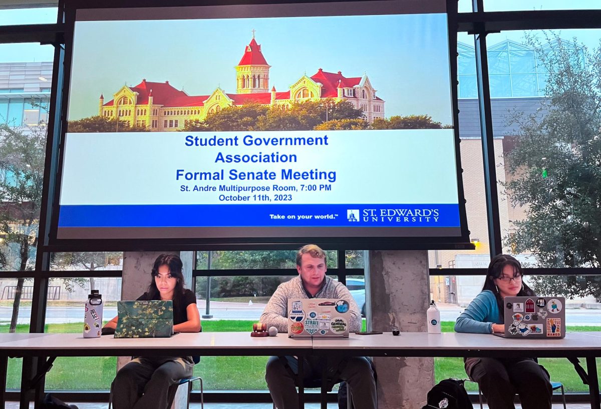 Student Government Association Vice President Matthew Garrets sits in with other members in the St. Andre Multipurpose Room during a weekly senate meeting.