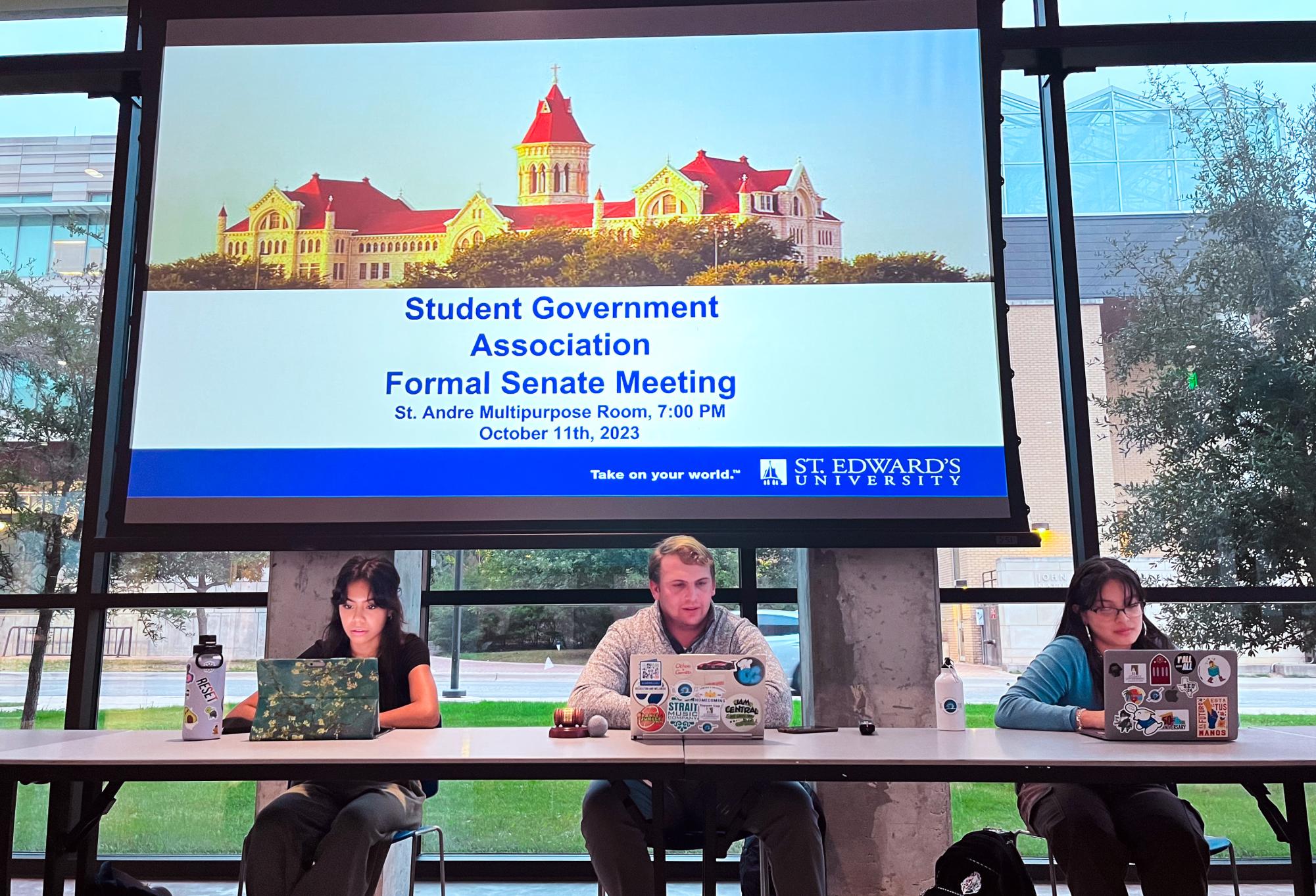 Student Government Association Vice President Matthew Garrets sits in with other members in the St. Andre Multipurpose Room during a weekly senate meeting.