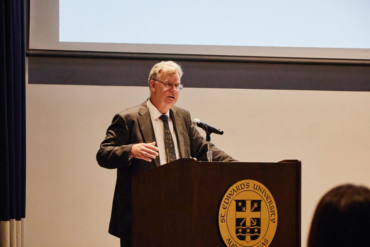 John Martens, Ph.D., gestures at his audience in the Jones Auditorium on the first floor of Ragsdale Hall. Martens is the Director of the Center for Christian Engagement at St. Mark’s and is passionate about spreading Catholic teachings through healthy and welcoming ways. 