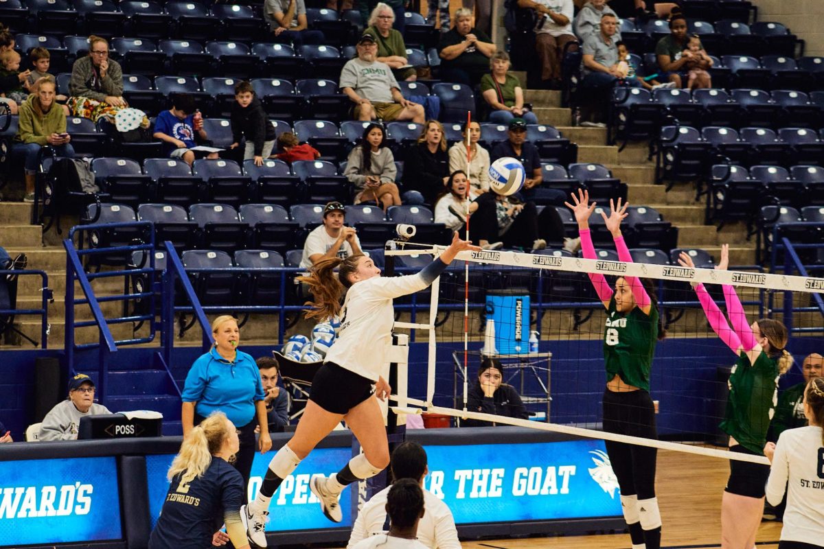 A single Hilltopper from the women's volleyball team battles two Eastern New Mexico University blockers at the net.