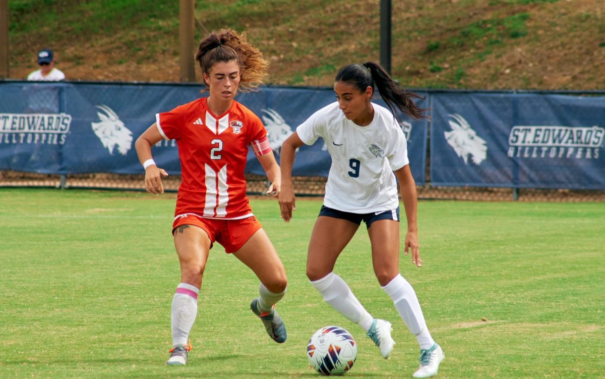 Senior forward Ari Ramirez dribbles while up against UTPB.
