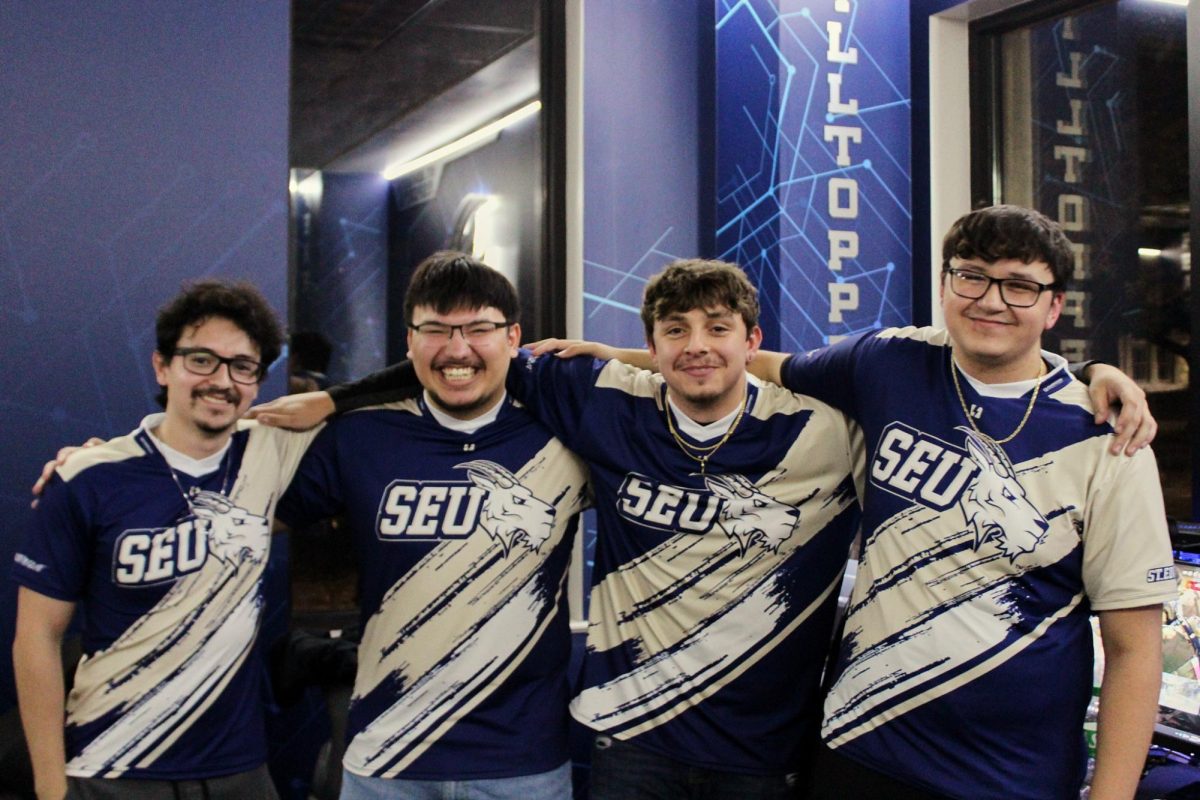 Mauricio Pallares (left), David Sauseda, Johnny Albano, and Lucas Muccio are all smiles after their win. Their playoff berth sets off in two weeks against Texas A&M University. 