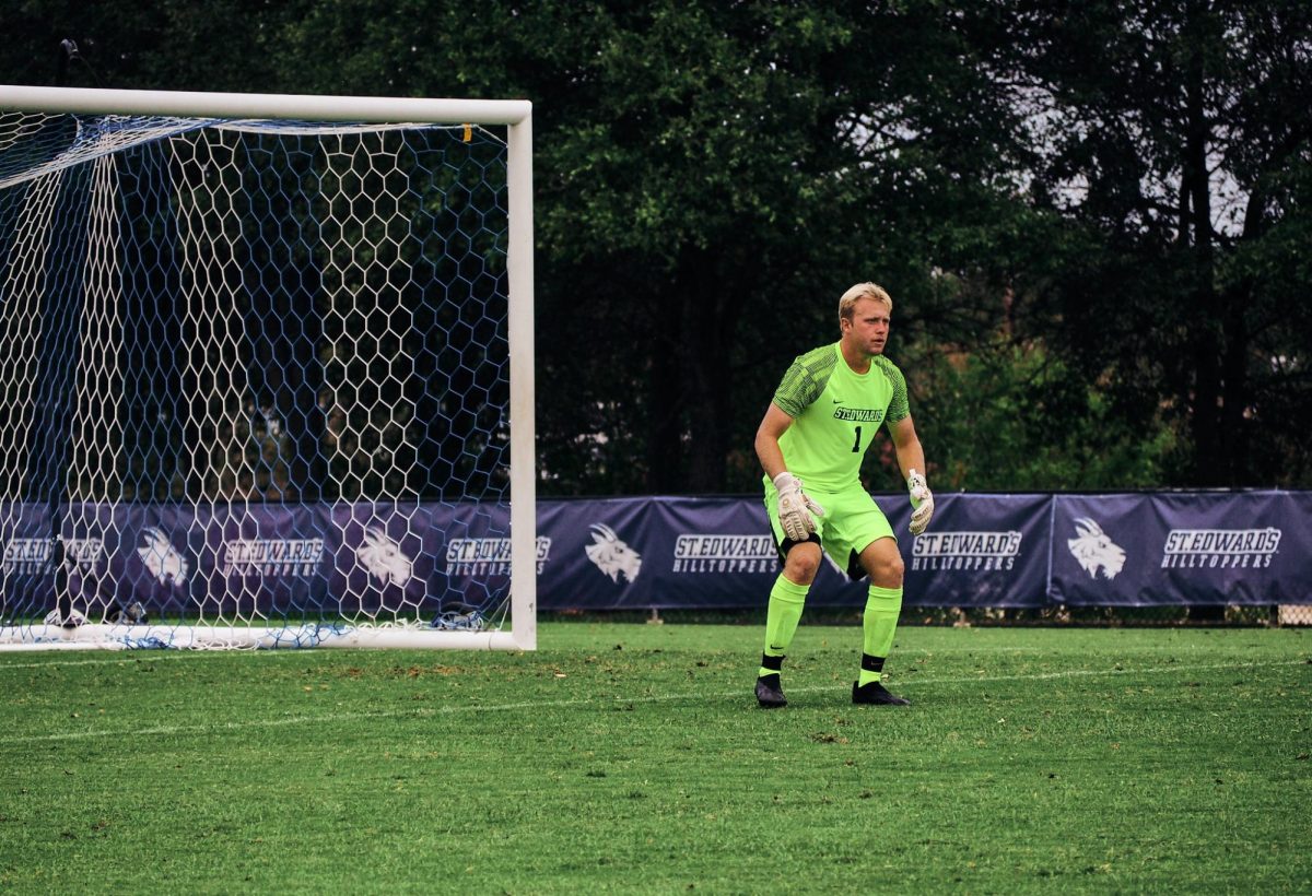 Gullion playing keeper  on Sept. 27 against Texas A&M on St. Edward's University's Lewis-Chien field.