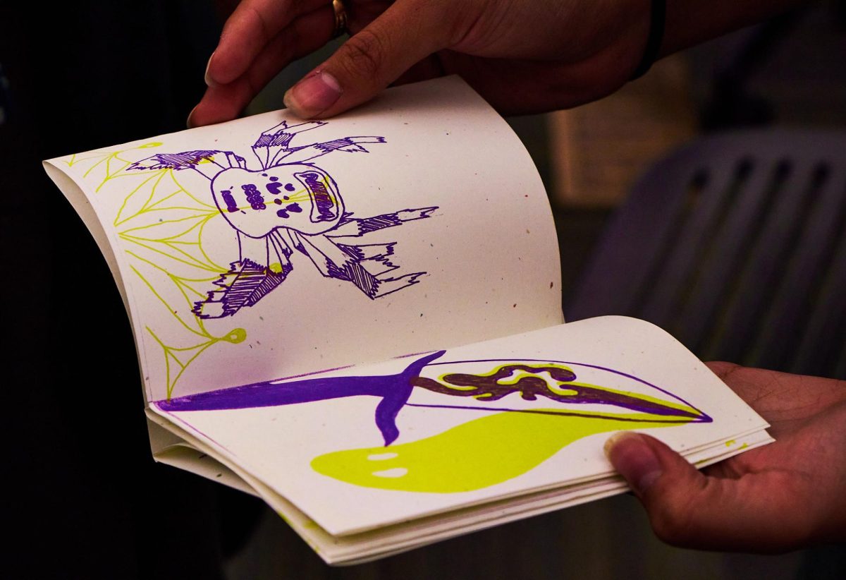  Pages 5 and 6 of volume one of “Creepy Creatures.” These artists decided to use the separate layers to draw different but complementary subjects. The spider in purple is weaving the web in green; the ghost in green seems to be coming from the knife in purple. Each artist took their own approach to having two separate but connected layers. 