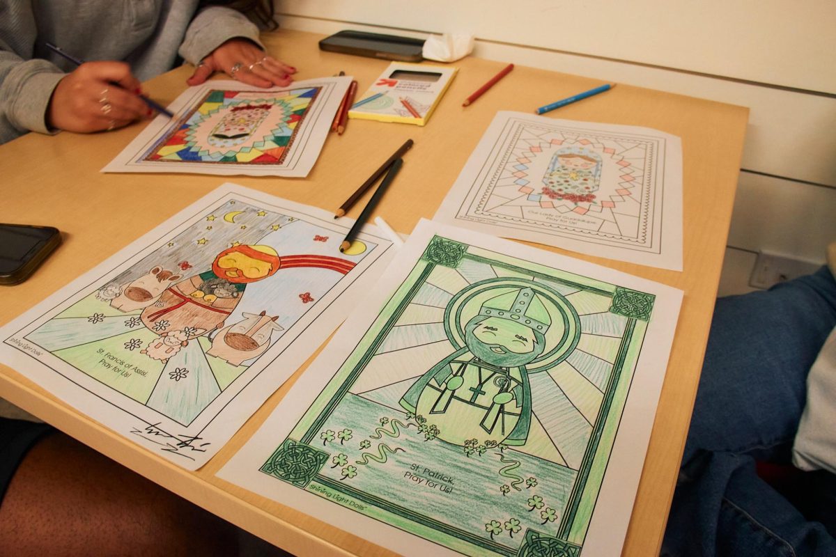 Finished prints of patrons. Our Lady of Guadalupe, St. Patrick, and St. Francis of Assisi were popular choices.
