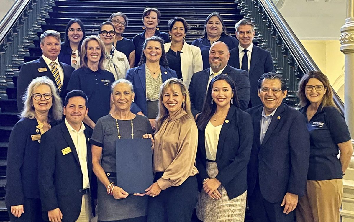 St. Edward’s administration, faculty and student leaders gathered at the Texas Capitol. Rep. Lulu Flores (center) was responsible for the creation of House Resolution 23 which was passed unanimously by the House that morning. Its passage is a landmark step in recognizing the school’s accomplishments in serving Latino and first generation students. 