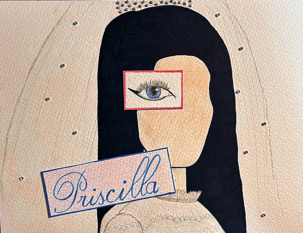 Illustration of Priscilla: The puzzle of a woman shadowed by a worldwide phantasm figure.
