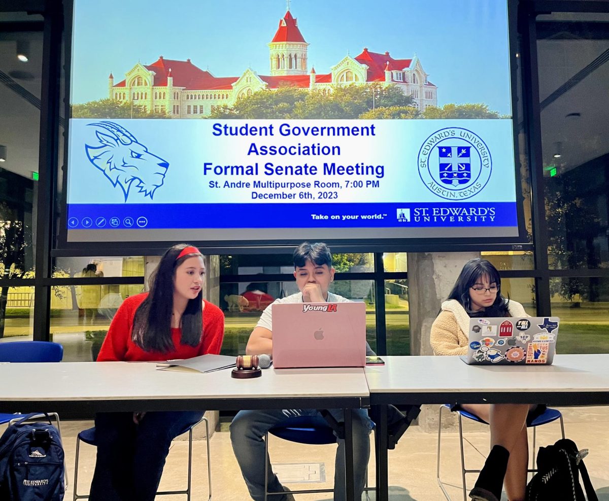 Newly elected Student Government Association President Mikayla Pastrano and Vice President Justin Trevino lead their first senate meeting in the St. Andre multipurpose room.   