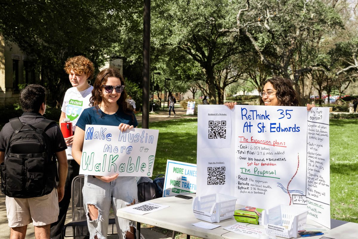 Rethink35 as an advocacy group has student leaders on campuses across Austin, as a way to ensure that student voices are heard on the issue of the I-35 expansion. As a campus, St. Edward’s is bounded by the highway, and its expansion could have negative effects on our community’s health due to carbon dioxide emissions.