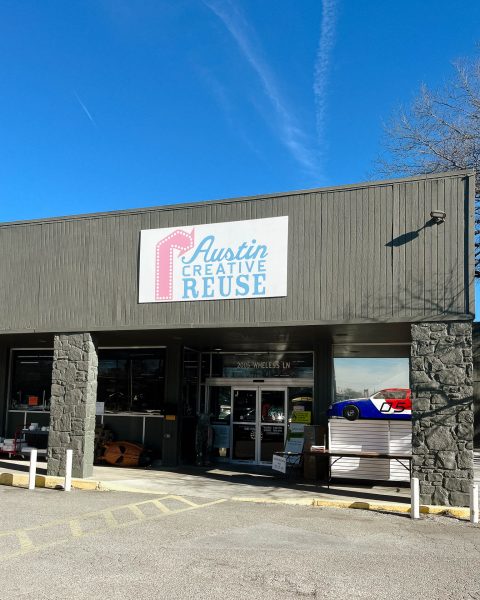 The front entrance, adorned with Calder Kamin’s unicorn. Austin Creative Reuse is located in Windsor Park, off Wheless Lane and Briarcliff Boulevard.