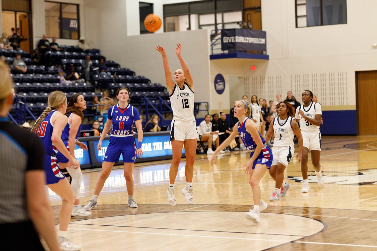 Ainsley Thunell takes a shot against Lubbock Christian. Thunell set a new career high with 15 points. Thunell and Janiah Perkins were leading scorers for St. Edward’s.