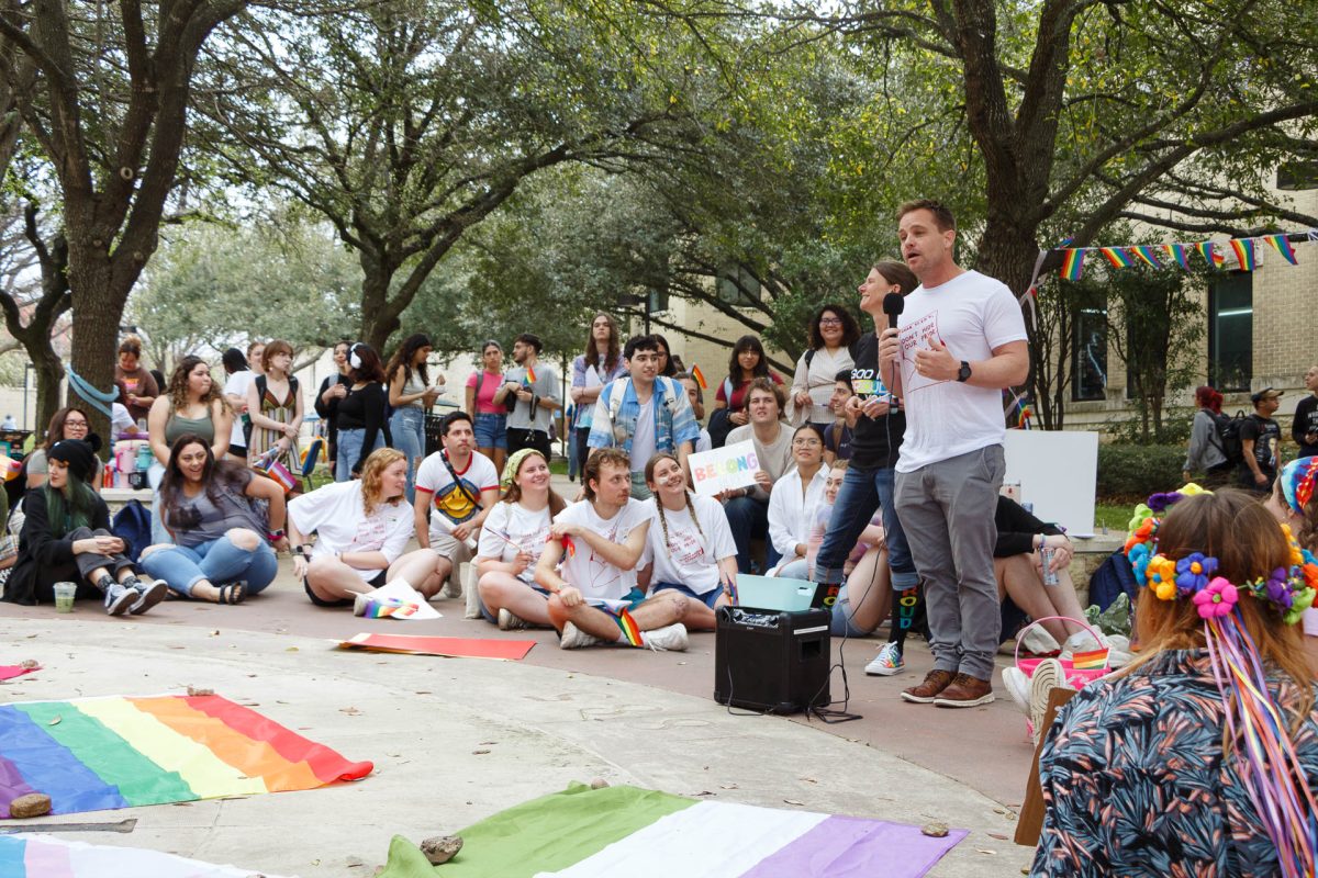 Associate Professor of Social Work Adam McCormick, Ph.D, speaks to students at the protest on Feb. 27 outside of Ragsdale. Students protested for nearly eight hours on the university’s Seal in response to the Pride flag being removed from the campus coffee shop last semester.