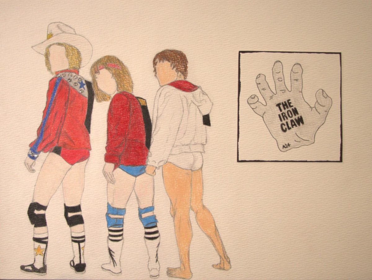 Illustration of Harris Dickinson, Jeremy Allen White and Zac Efron as the Von Erich brothers in their wrestling attire. The Iron Claw was released in movie theaters on Dec. 22, 2023 -- Go check it out! 