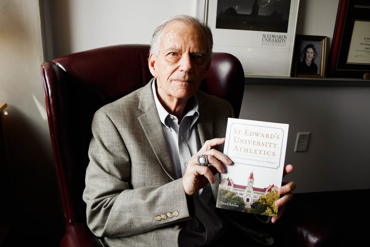 Professor John Knorr sits in a well-loved, burgundy-leather chair in his John Brooks Williams South office. Sunlight pours over him and his latest literary creation as he continues to tell stories about the past, even after the interview is over. St. Edward’s history is, in part, his history as well; he beams with pride for this chronicle of athletics on the hilltop.