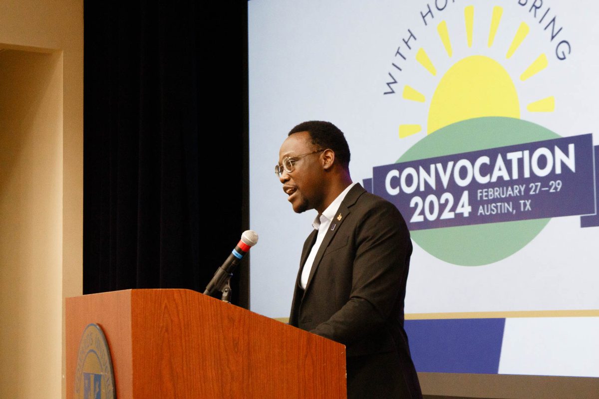 Epau giving his speech on the final day of Convocation. From Uganda, Epau attended Holy Cross Lake View Secondary School in Jinja, Uganda before coming to St. Edwards. He is the first Ugandan Moreau Scholar to come to SEU.