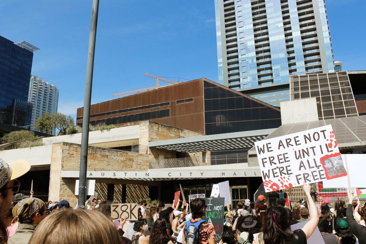 At+the+forefront+of+Austin+City+Hall%2C+hundreds+of+protestors+flocked+as+part+of+the+Palestinian+Youth+Movements+March+2nd+Millions+March+for+Palestine+call+to+action.+Multiple+speakers+took+the+steps+across+the+span+of+a+few+hours%2C+then+the+protest+marched+through+downtown+toward+the+Capitol.