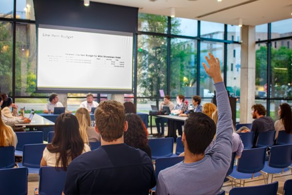 Students watching the SGA funding requests during the meeting. Meetings are every Wednesday at 7 p.m. in the St. Andre Multipurpose room. 
