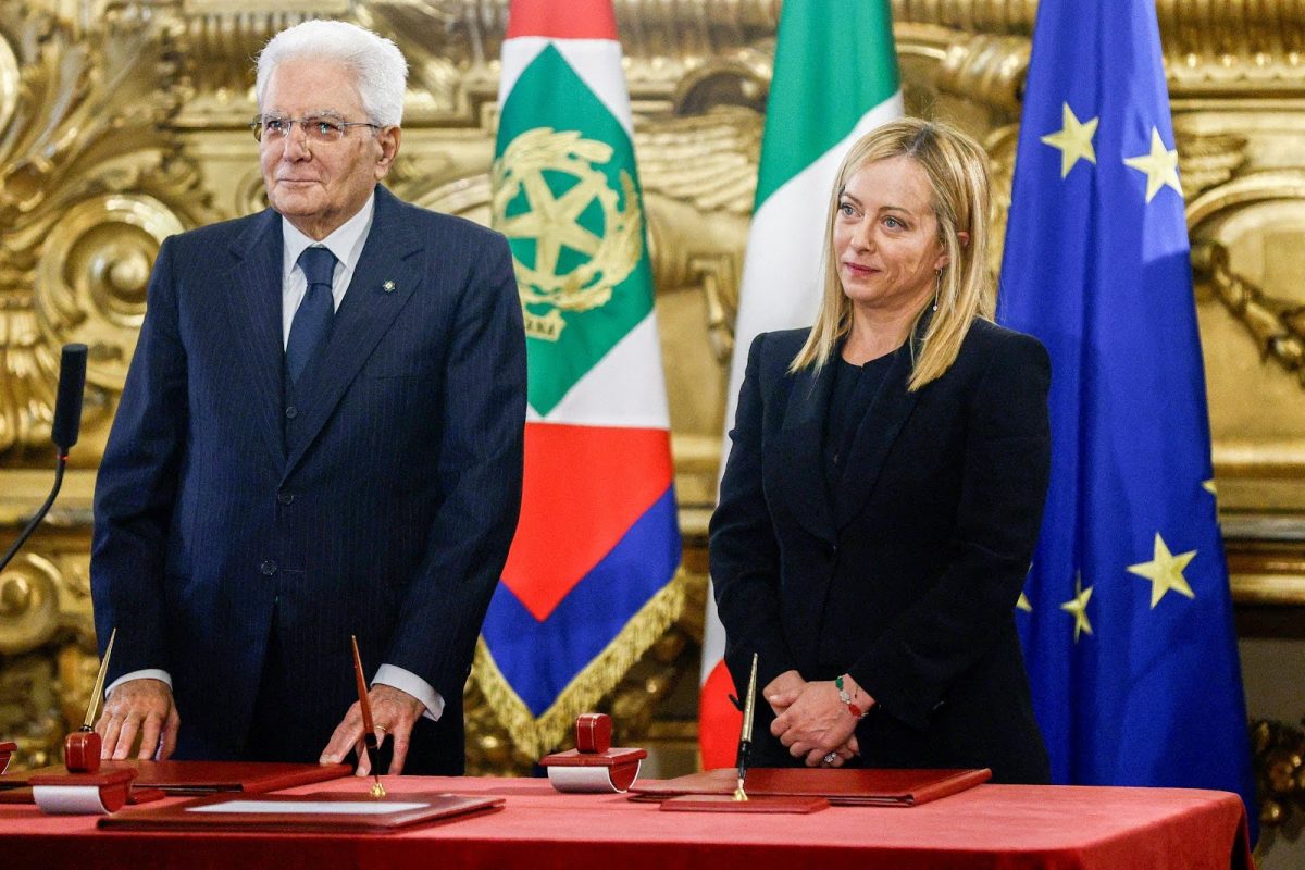 President Sergio Mattarella (left) next to Giorgia Meloni, during the swearing-in ceremony after she was elected Prime Minister of Italy. Meloni’s party ‘Fratelli d’Italia’ won the election with 26% of the votes, while its opponents lost with less than 19% of the votes. 