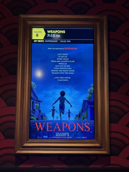 Director Zack Cregger’s second horror film hit the screens on August 8, 2025. With a stellar cast, wicked film score and haunting storyline, “Weapons” has received much acclaim from viewers and critics alike. Pictured above is a “Weapons” movie poster shown at Alamo Drafthouse at Lakeline Mall in Austin.